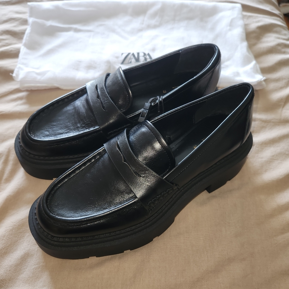 Zara Chunky Penny Loafer Black Leather 39 8
